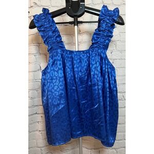 Sophie & Kate Royal Blue Leopard Jacquard Ruffle Strap Tank Top Blouse Large